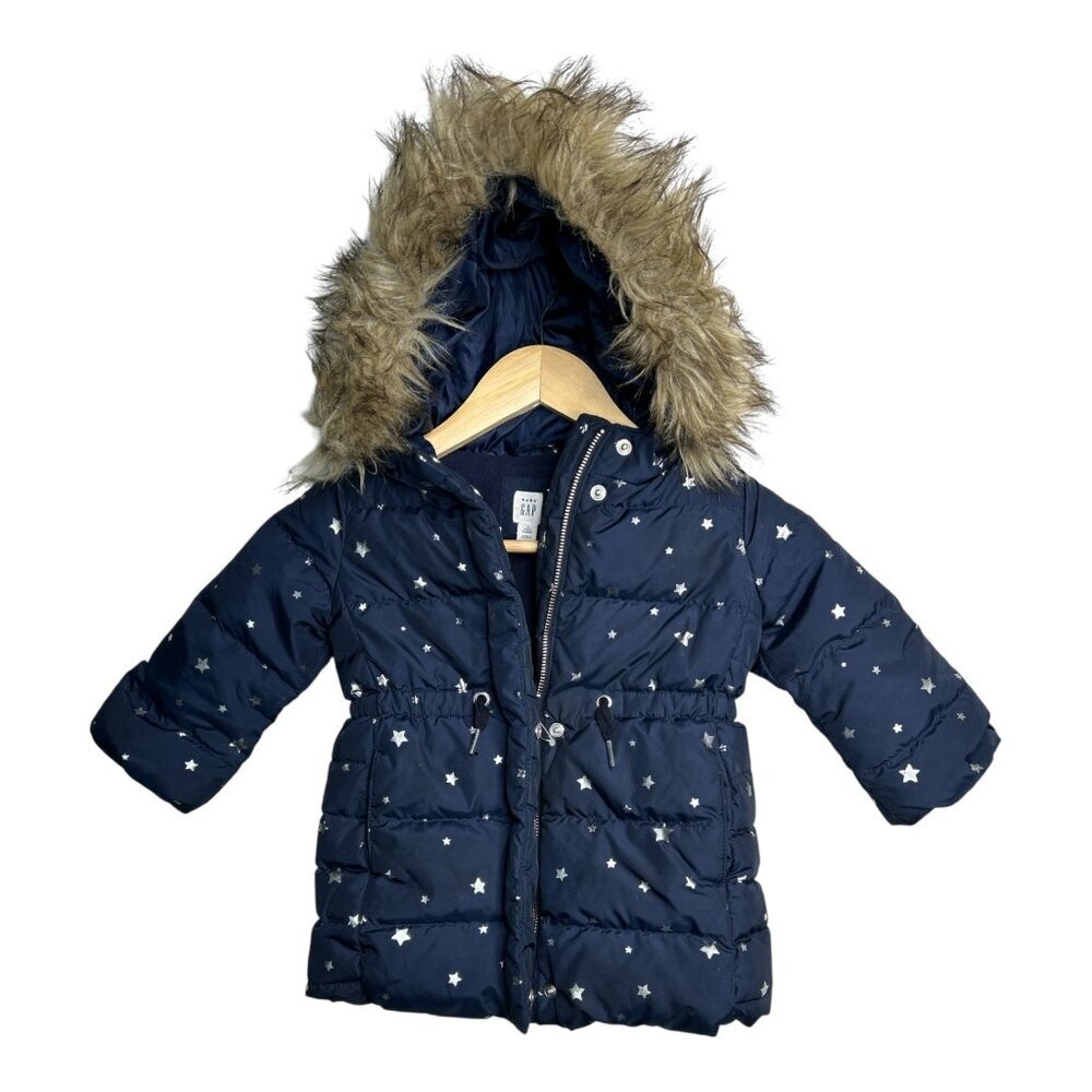 Baby Gap 2 Years Toddler Navy Puffer Removable Hooded‎ Jacket w/ Silver Stars